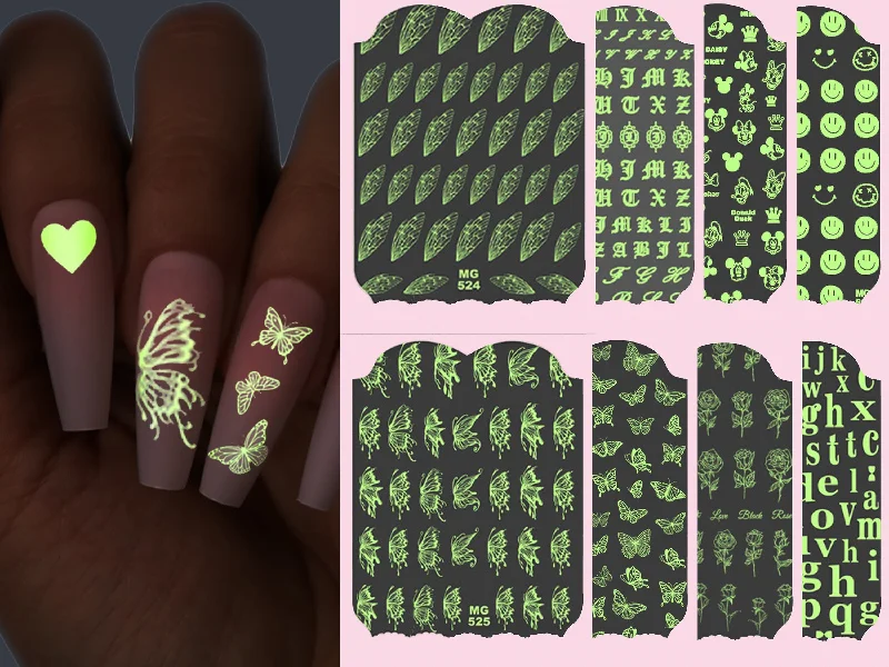 Copper nail wraps for copper beauty-Fairy Tale Butterfly nail sticker/ Halloween Glow in the dark Night Life Party 3D Nail Art Self Adhesive Decals