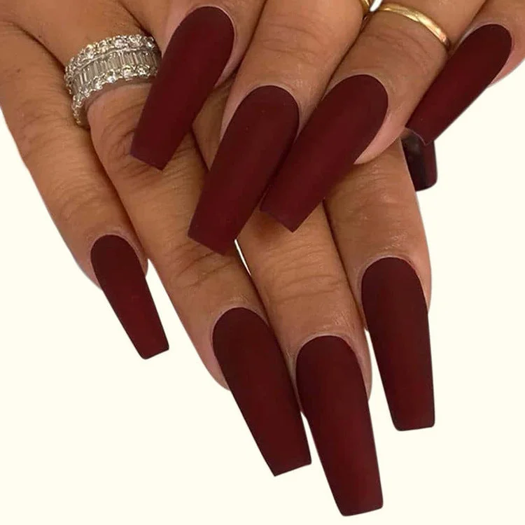 Radiant nail polish for radiant elegance-Wholesale Long Solid Color Frosted Dark Red Nail Stickers