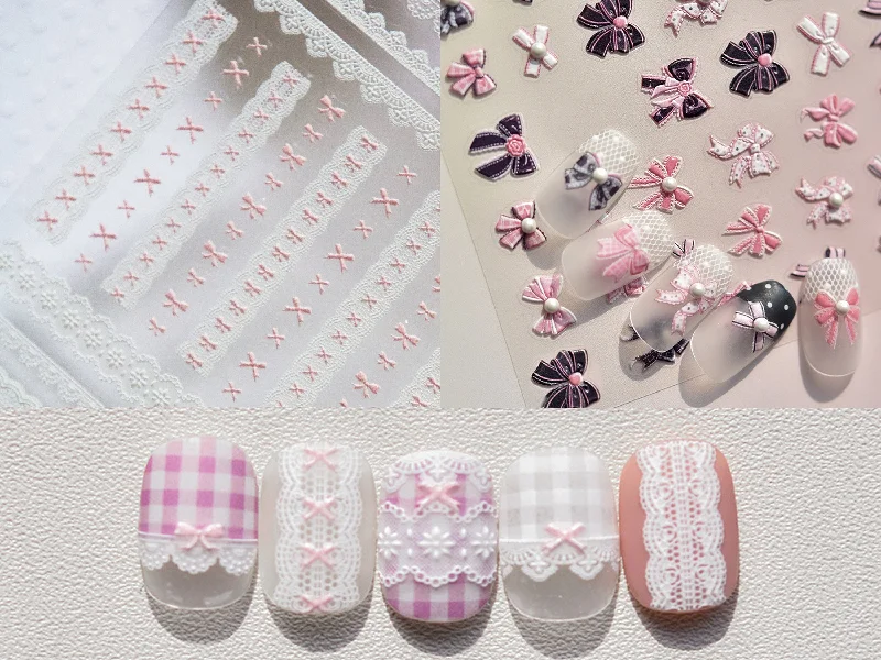 Onyx nail gems for dark chic-Black Pink Bow Tie & White Lace Nail Stickers