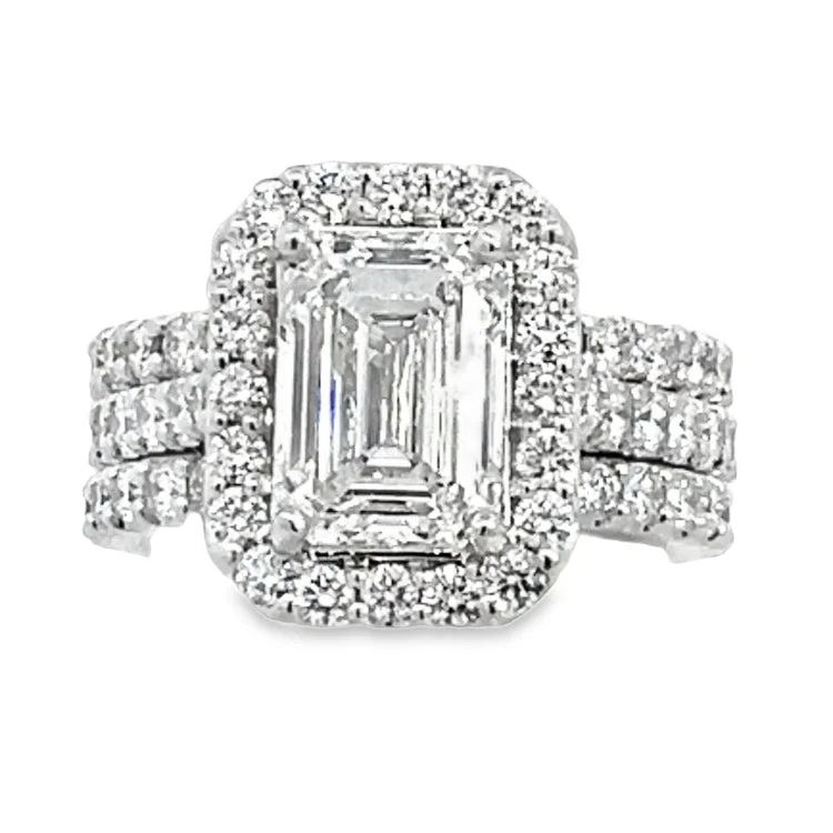 Vine nail gems for vine shine-LAB GROWN EMERALD CUT AND ROUND DIAMONDS 4.30ctw HALO THREE PIECE WEDDING SET