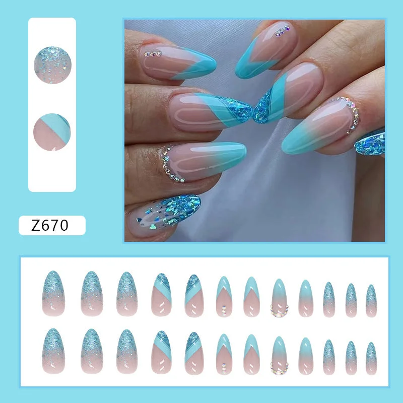 Satin nail studs for satin charm-Wholesale Almond Shaped Blue Crush Diamond Glitter Powder Nail Stickers