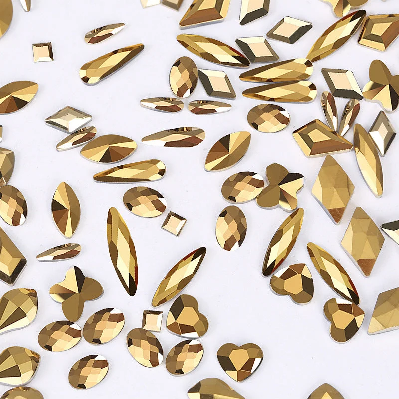 Subtle nail studs for subtle charm-Flat bottom glass shaped rhinestone samples bright gold mixed size 50pcs/bag