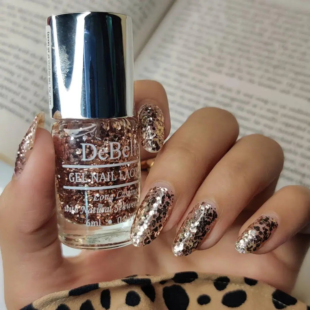 Frosted nail polish for cool tones-DeBelle Gel Nail Lacquer Elite Tiffany (Rose Gold Flaky Glitter Top Coat), 6 ml