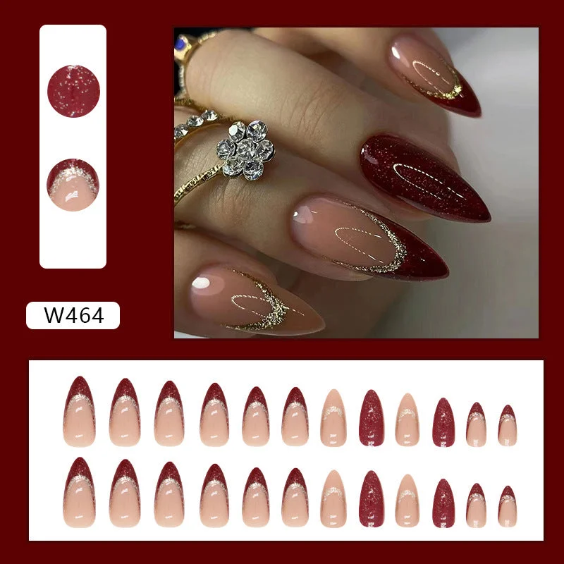 Diagonal nail wraps for diagonal beauty-Wholesale Burst Wine Red Champagne Glitter Powder Almond Nail Nail Stickers