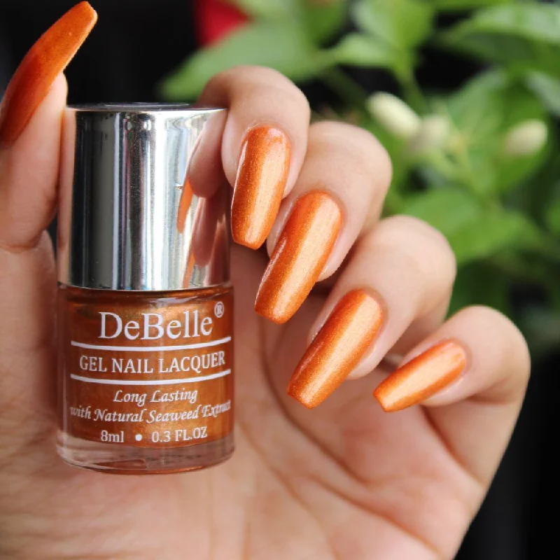 Soft nail polish for soft elegance-DeBelle Gel Nail Lacquer Aurora - (Amber with Copper Orange Glitter Nail Polish) 8ml