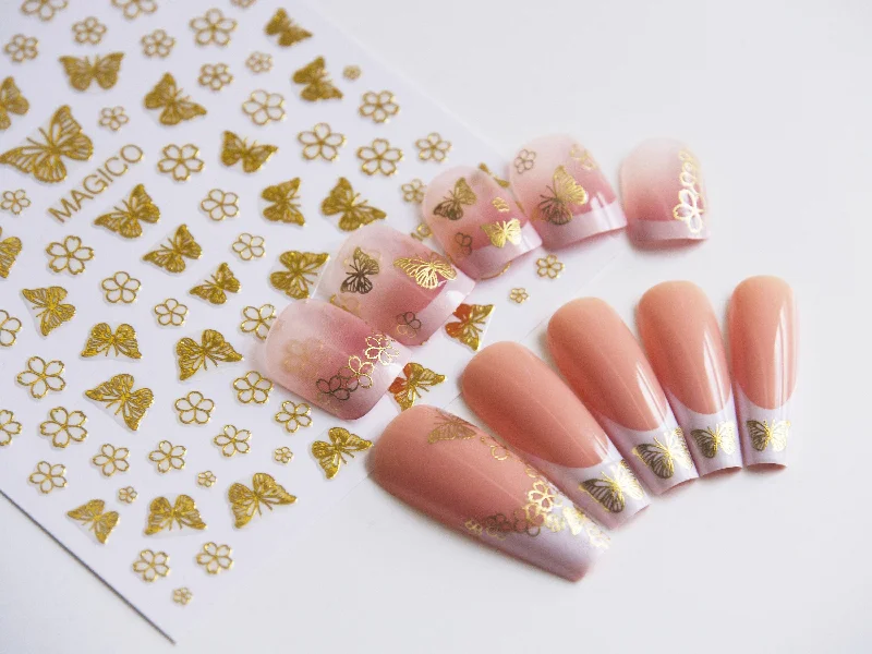 Diagonal nail decals for diagonal shine-Gold Butterfly Flower nail sticker/ Fairy Tale Nail Art Stickers Self Adhesive Decals