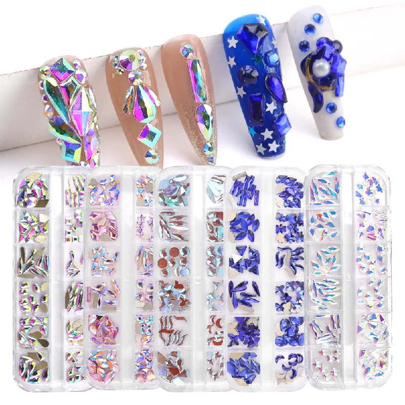 Stone nail wraps for stone shine-12 cell shaped flat bottom rhinestone sample set