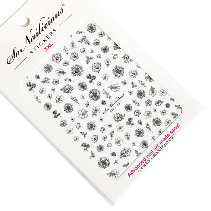 Mirror nail wraps for mirror beauty-Monochrome Ink Floral Stickers - 061 XXL