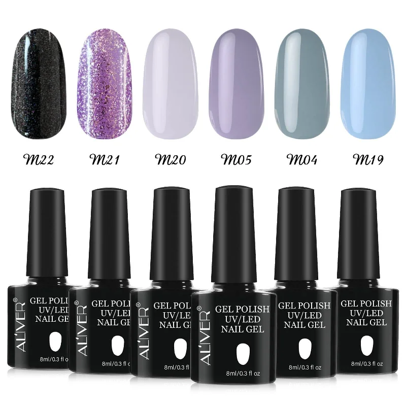 Sun nail polish for sun elegance-Aliver Mysterious Black Sparkle Gel Nail Polish Set - 6 Colors