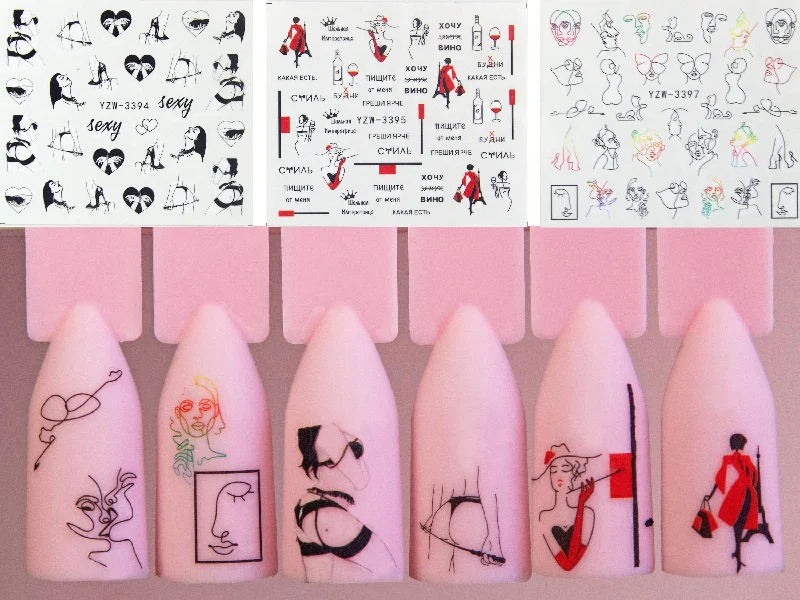 Plush nail gems for plush shine-Sexy Girl Water Transfer Sticker/ Face Line Art Abstract pattern nail Tattoo