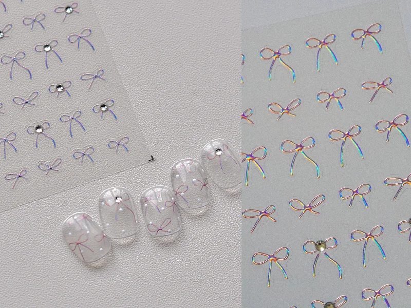 Bright nail decals for vibrant looks-Pink Iridescent Halo Crystals Bow Knot Nail Stickers