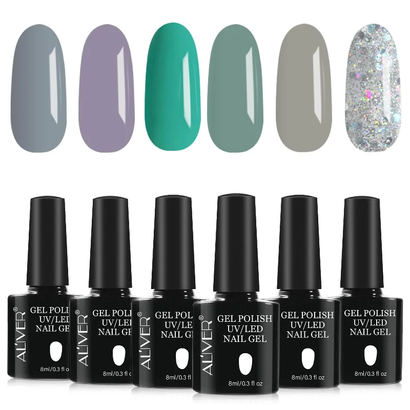 Vine nail decals for vine shine-Aliver Tiffany Blue Sparkle Gel Nail Polish Set - 6 Colors