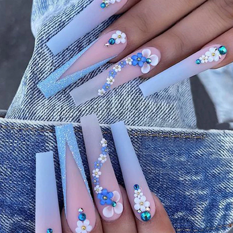 Glossy nail stickers for quick designs-Wholesale Long White Flower Gradient With Diamond Five Petal Flower French Nail Stickers