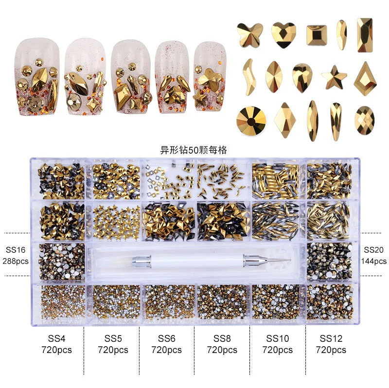 11: 600 special-shaped+4700 rhinestones gold plated small boxes