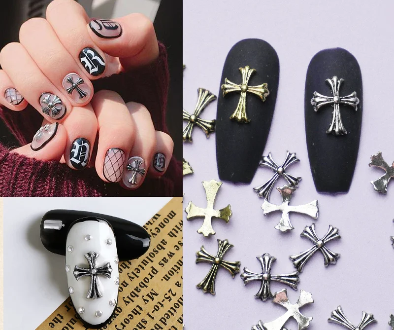 Moon nail wraps for moon designs-5pcs Antique Cross nail decoration/gold silver Christian Nail DIY deco/ Cross charm for nail gel and polish design