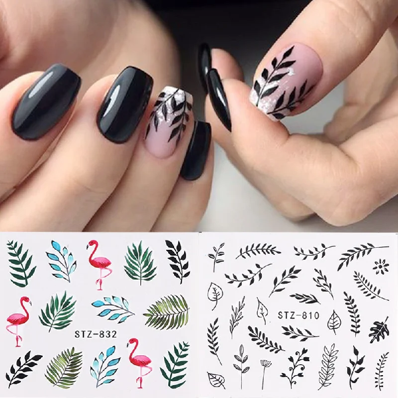 Subtle nail gems for subtle shine-1pc Water Nail Stickers Decal Black Flowers Leaf Transfer Nail Art Decorations Slider Manicure Watermark Foil Tips SASTZ808-838