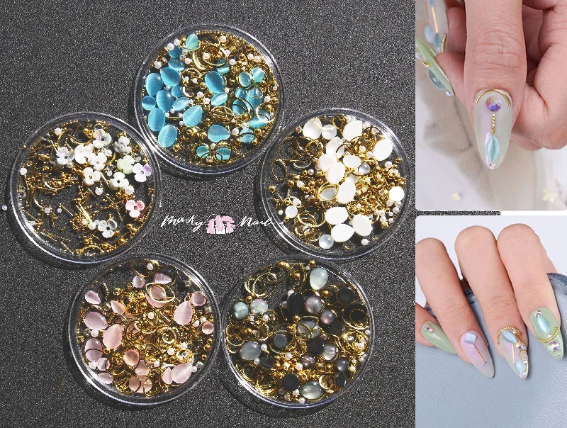 Diagonal nail wraps for diagonal beauty-Mixed Cat Eye Stone Gold silver metallic studs set for nail art/ Japanese Instagram Influencer nail art