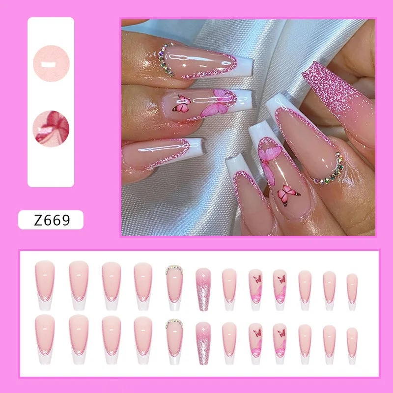 Stone nail wraps for natural looks-Wholesale Long Ballet Pink Glitter French Diamond Style Pink Butterfly Nail Stickers