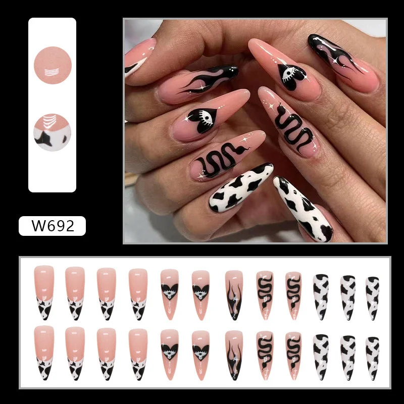 Subtle nail gems for subtle shine-Wholesale Long Pointed Black French Milk Cow Pattern Nail Stickers