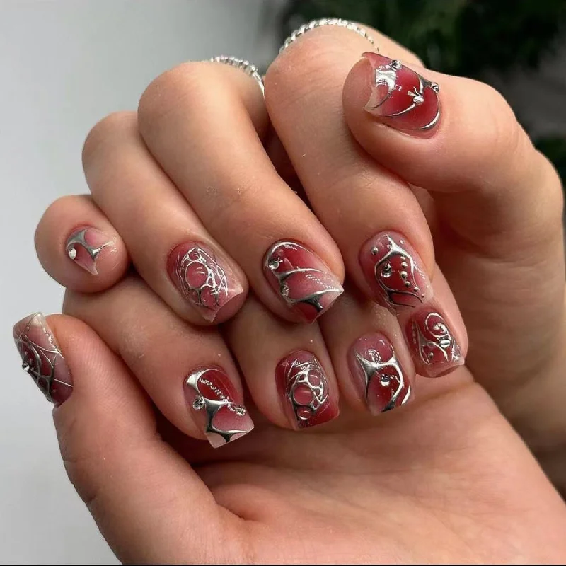 Twinkle nail gems for twinkle beauty-Wholesale Red Smudge Short Square Blush Silver Graffiti Scratch Nail Stickers