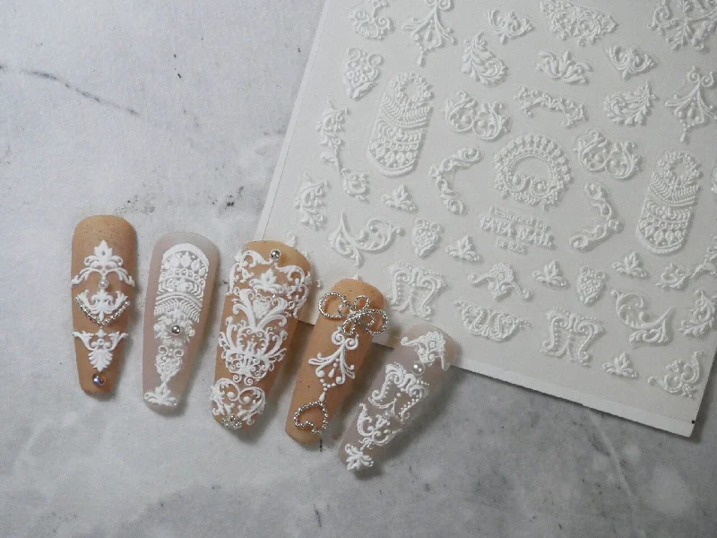 Satin nail gems for satin shine-White Vintage Victorian Rococo Revival Nail Sticker