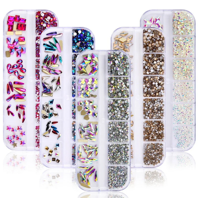 Muted nail stickers for soft elegance-12 grids flat bottom rhinestone & shaped diamond sample set