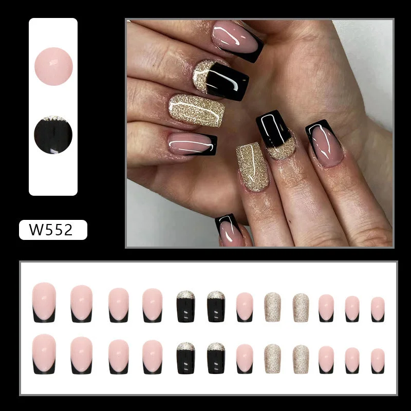 Titanium nail polish for titanium shine-Wholesale medium length European square burst gold powder black French Nail Stickers