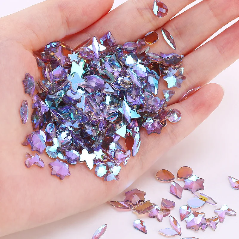 Plush nail studs for plush beauty-Flat bottom glass shaped rhinestone samples Aurora Phantom purple mixed size 50pcs/bag