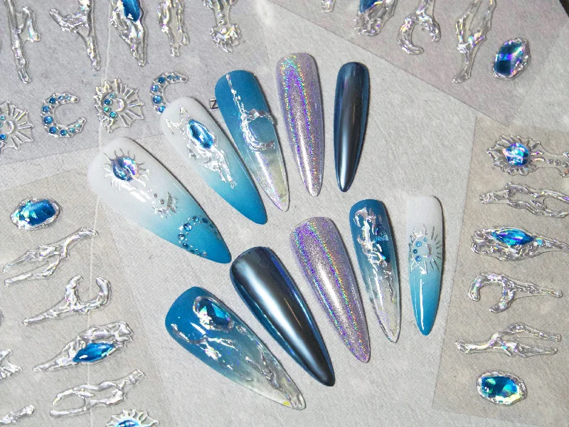 Platinum nail polish for luxe shine-Blue Gems Jelly Nails Sticker