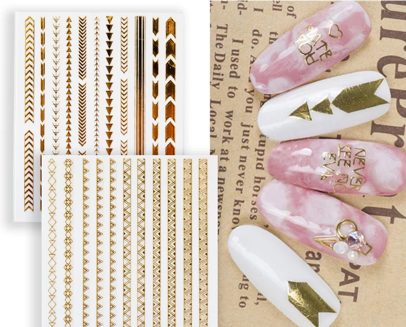 Spot nail decals for spotty flair-Gold Boho Stripe Arrow Theme nail sticker/ 1 Sheet 3D Nail Art Stickers Self Adhesive Decals