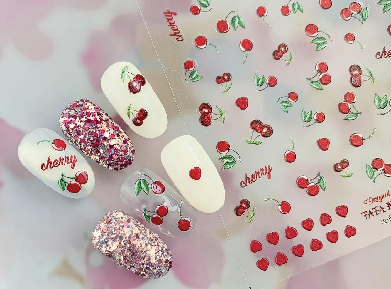 Satin nail decals for satin flair-Cherry Fruity Nail Art Sticker/ 3D fruits DIY Tips Guides peel off  Stickers/Red Cherries Yellow Banana fruit nail decal